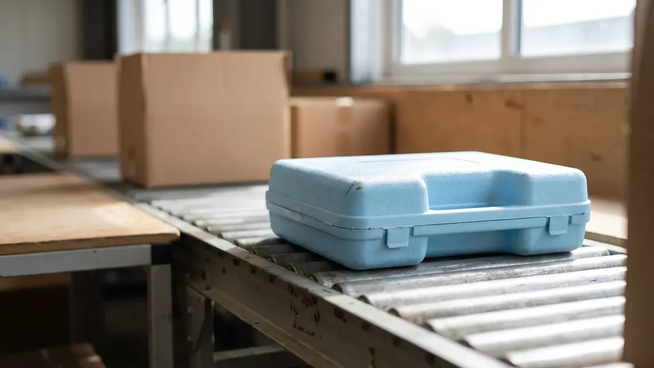 Plastic storage boxes: pale blue case flat on a roller conveyor, recessed lid, two front latches