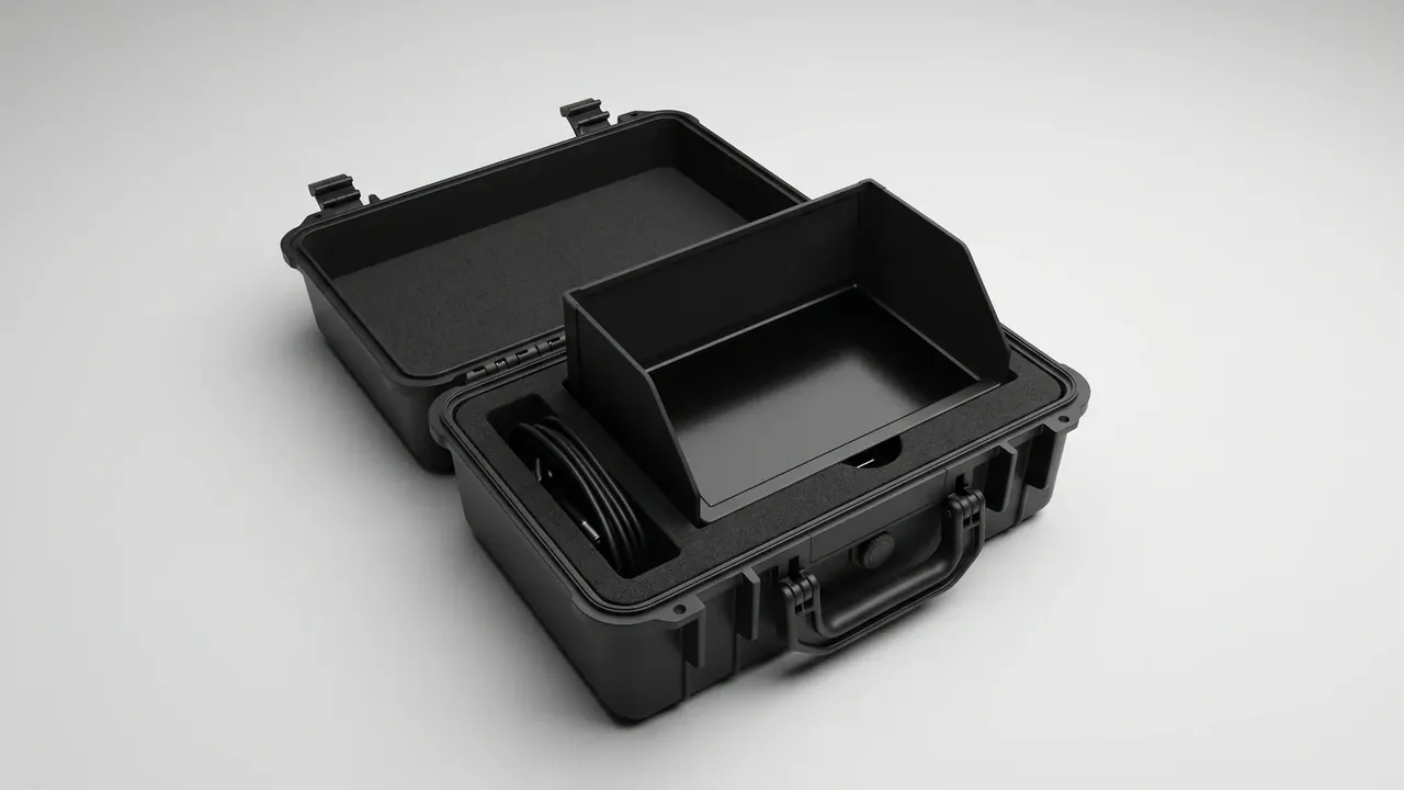 Plastic carrying case bulk buy: two black cases side by side, left lid flat over grey foam, right insert tray and coiled cable, two latches