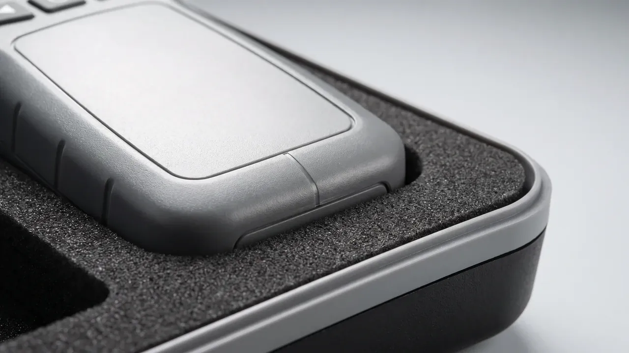 Plastic carrying case bulk buy: close view of grey foam pressed around a pale device shell, a grey seal running along the rounded corner lip