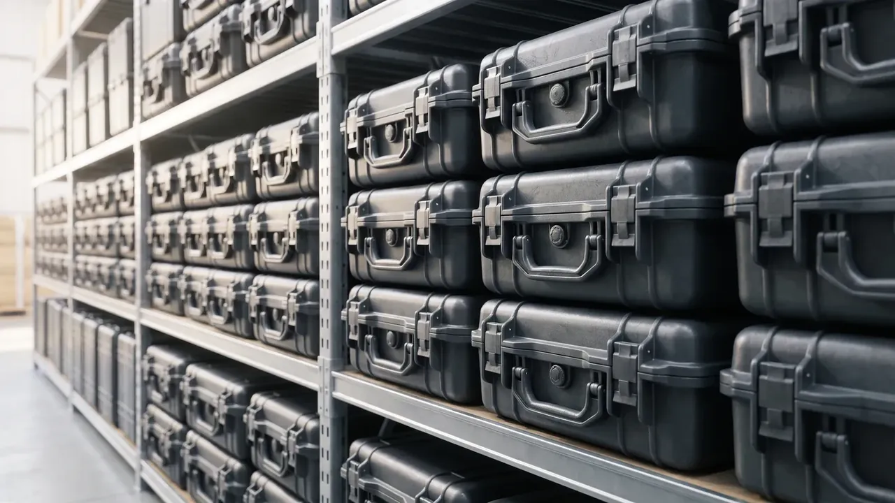 Plastic carrying case manufacturer: three shelves of black molded cases in rows, each with two latch clamps and a recessed carry handle