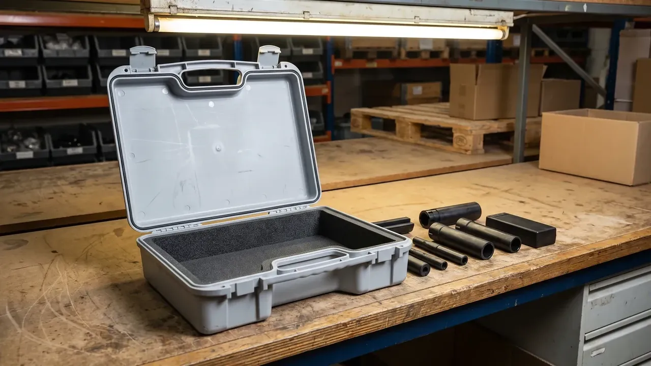 Plastic case design and manufacturing: a grey case open on a wooden bench, dark foam inside, black tubes and blocks beside it, orange shelving behind.