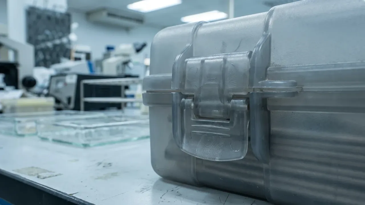 plastic case holder: close-up of a translucent case latch on a lab bench, the catch engaged, three glass dishes alongside and instruments blurred behind