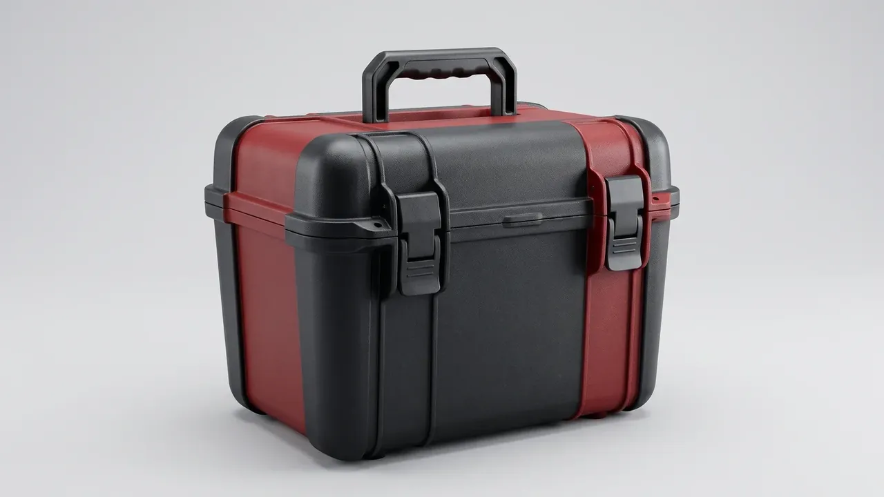 Plastic Case: red shell with black overmoulded corners and a black lid, handle up, two black latches closed at the front