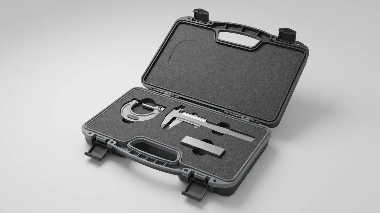 Plastic case with custom foam cutout: black shell standing open, flat grey foam lining the lid, caliper and micrometer seated in cut recesses, two latches