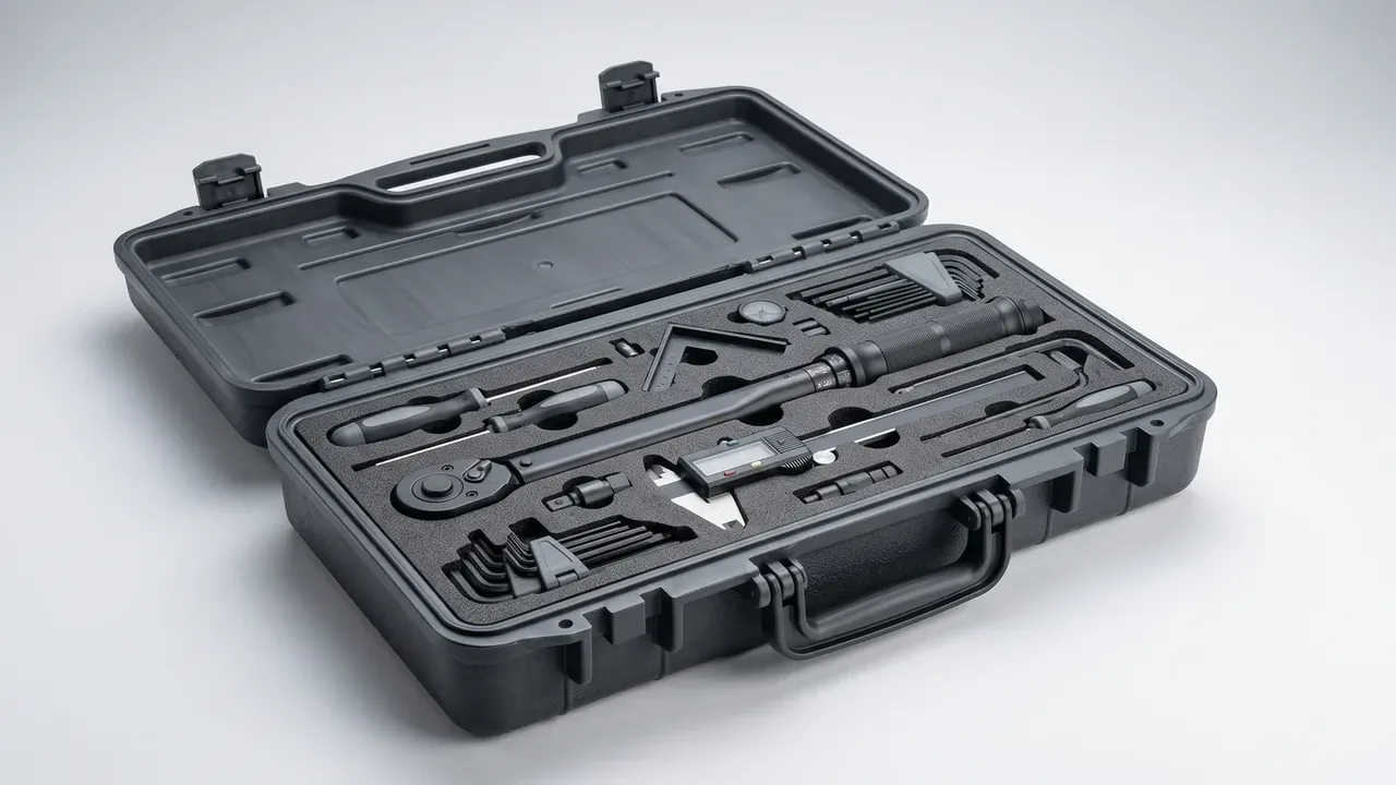 Plastic case with custom foam insert: open lid without foam, bare plastic recess, base with one black block cut for a wrench and caliper