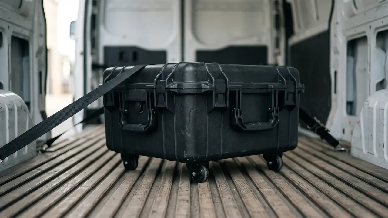 Plastic case with pull handle and wheels: black case standing on four casters inside a white van, wooden slat floor, two webbing straps