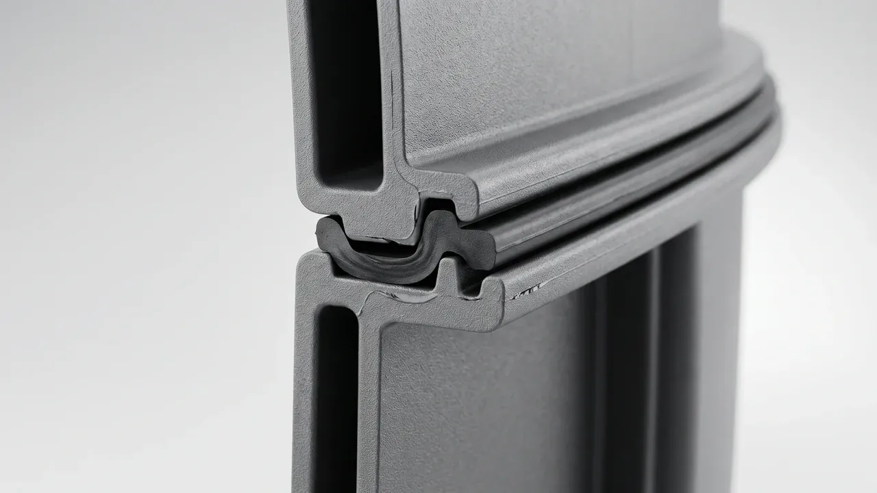 Plastic case with pull handle and wheels: grey corner closeup, black rubber gasket in the groove between lid and body, hollow double walls