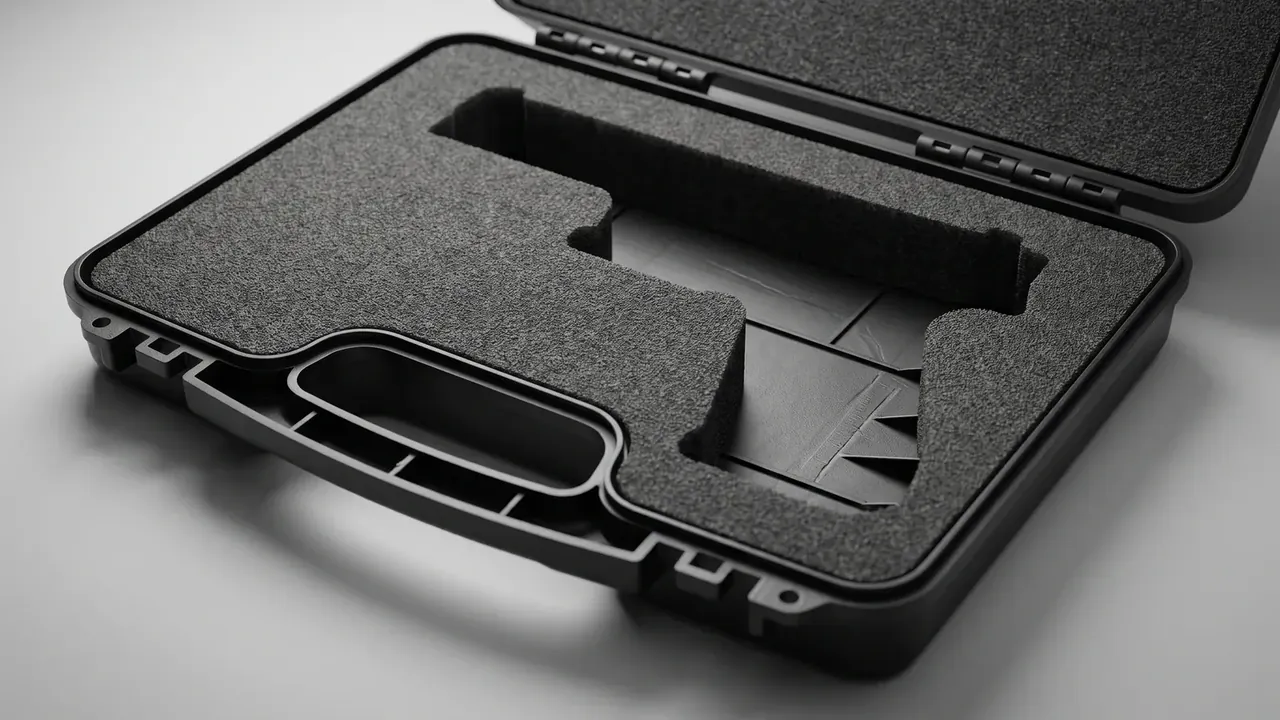 Plastic hard shell zip case: black case open face up, flat lid foam over an L-shaped cut, moulded handle and two latches