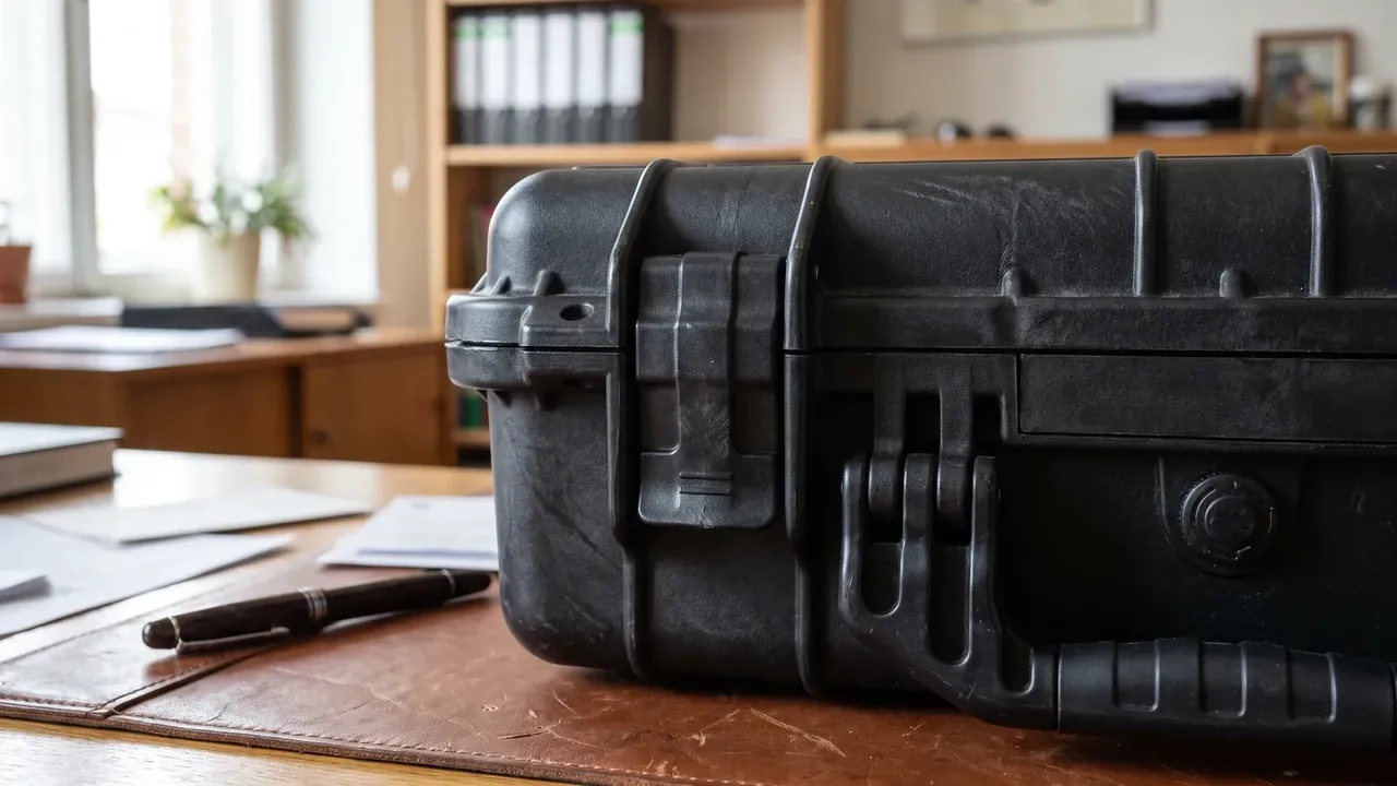 Plastic hard shell zip case: black case on a wooden desk, two wide latches, a round purge valve and rubber handle, bookcase behind