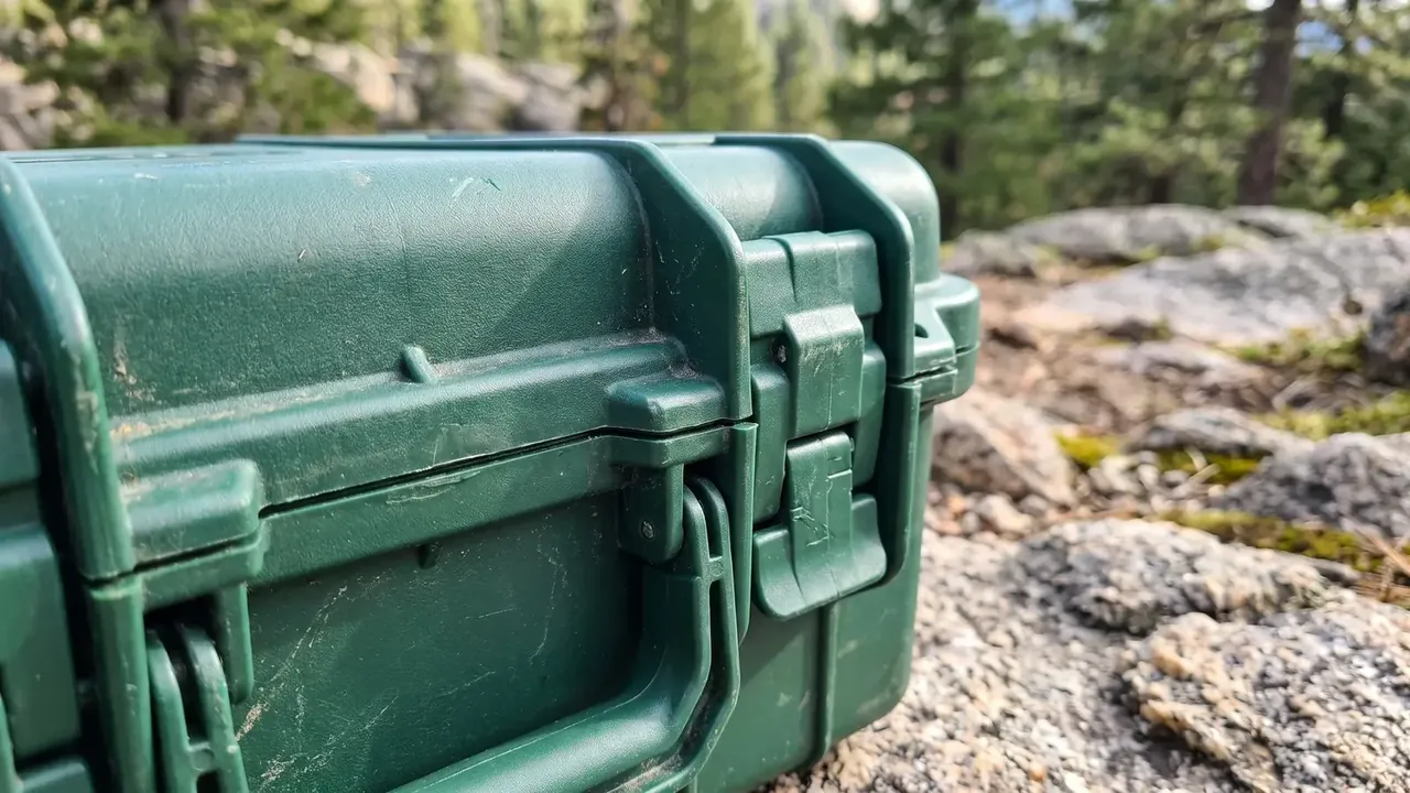 Plastic outdoor storage boxes waterproof: dark green corner close-up, two stacked latches at the corner, hinge seam, handle cutout below, rocky slope and pines behind