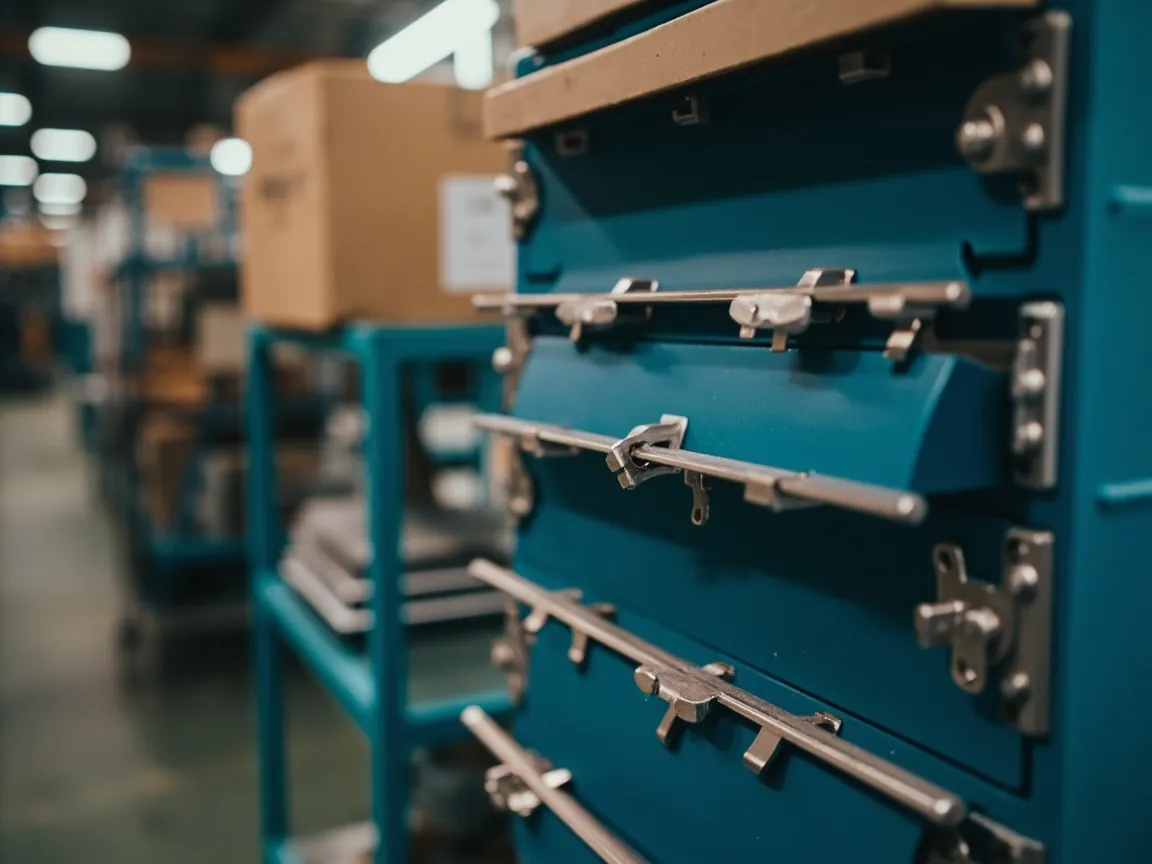 Warehouse with multi-layer stacked plastic protective cases and toolboxes, color labels and logistics tags on surfaces