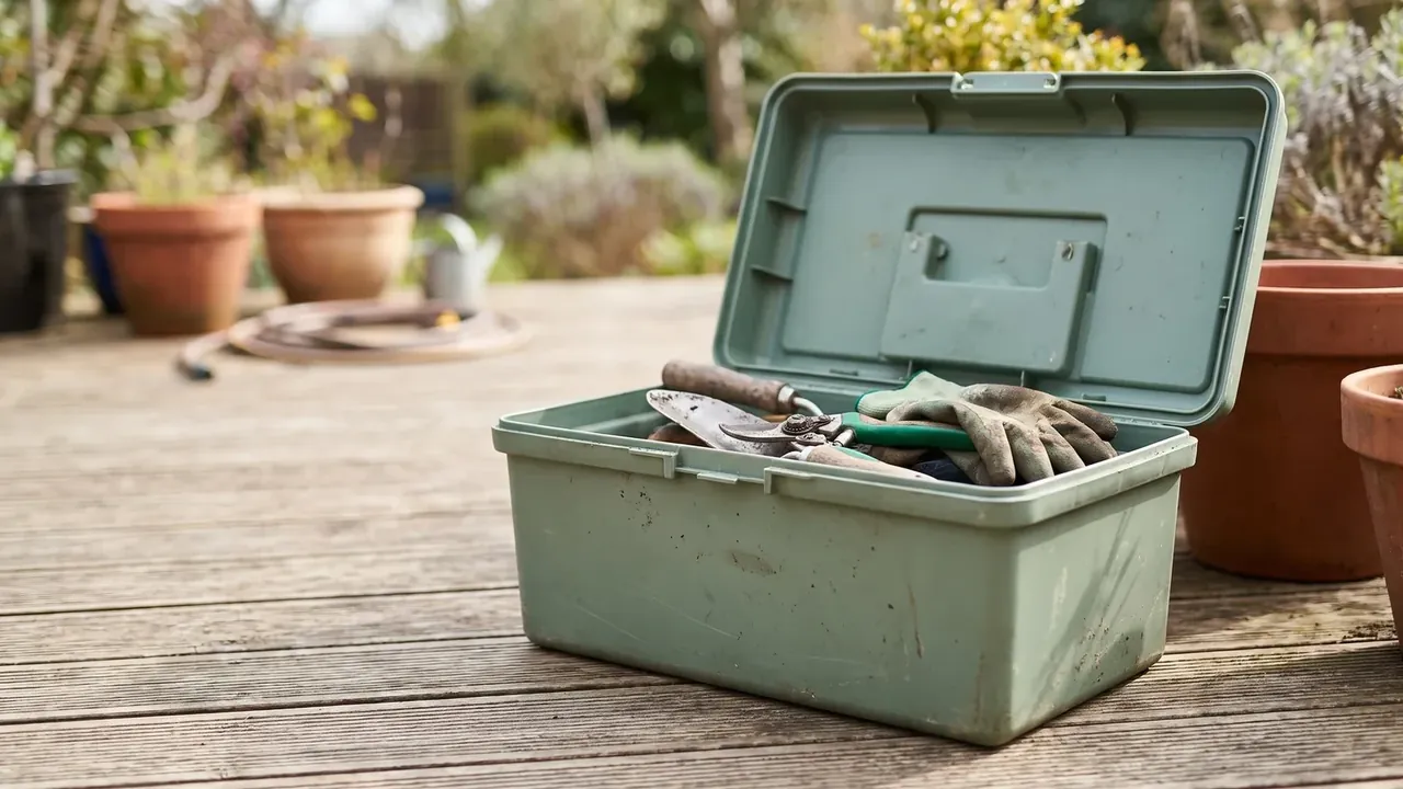 Plastic storage and transport case manufacturer: pale green case open on a timber deck, secateurs and gloves inside, pots and plants behind