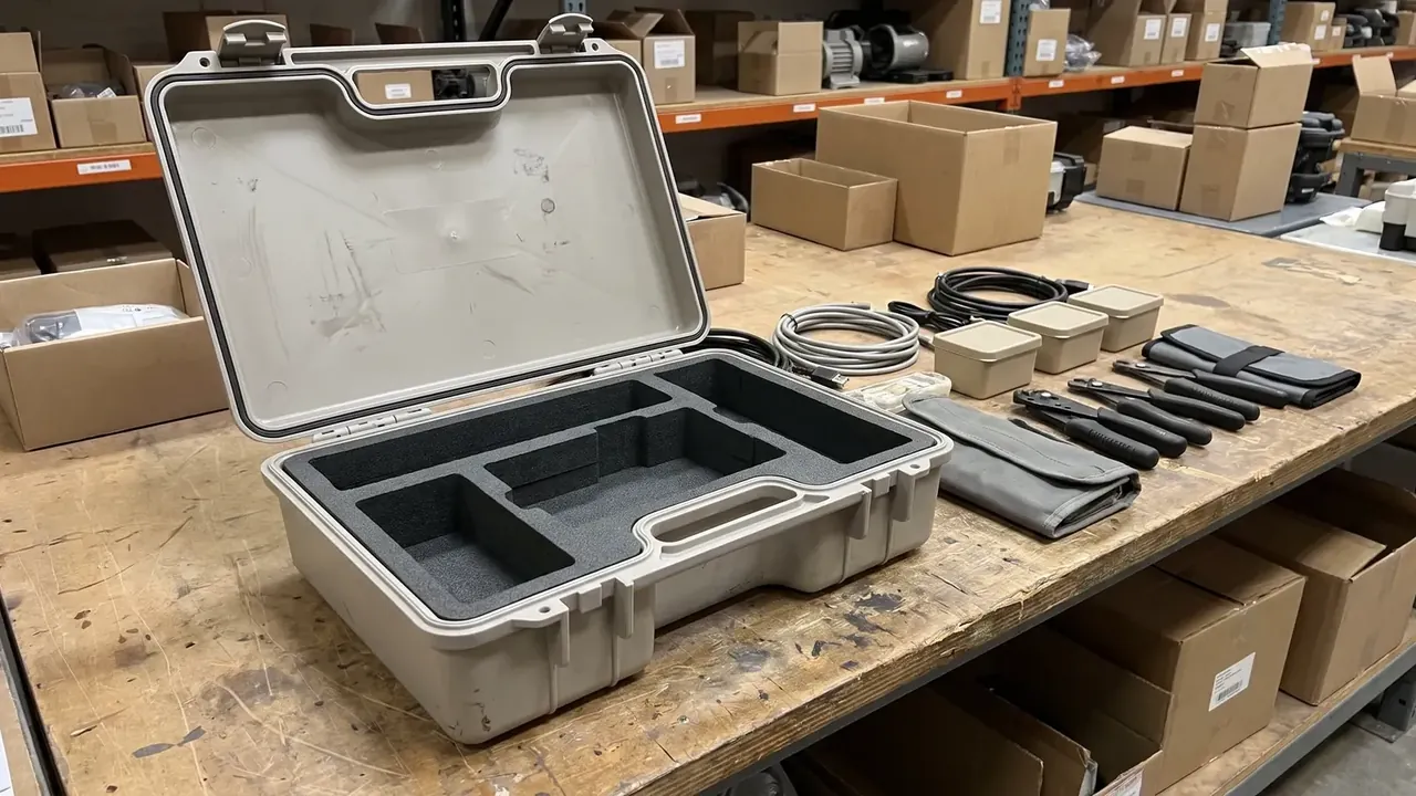 带泡沫内衬的塑料收纳箱：浅灰箱体在仓库木工台上开盖，黑色泡棉切出大小不一的矩形格位，盖内为素面灰底并带一处标签框，台面摆着线圈、钳子与几只米色小盒