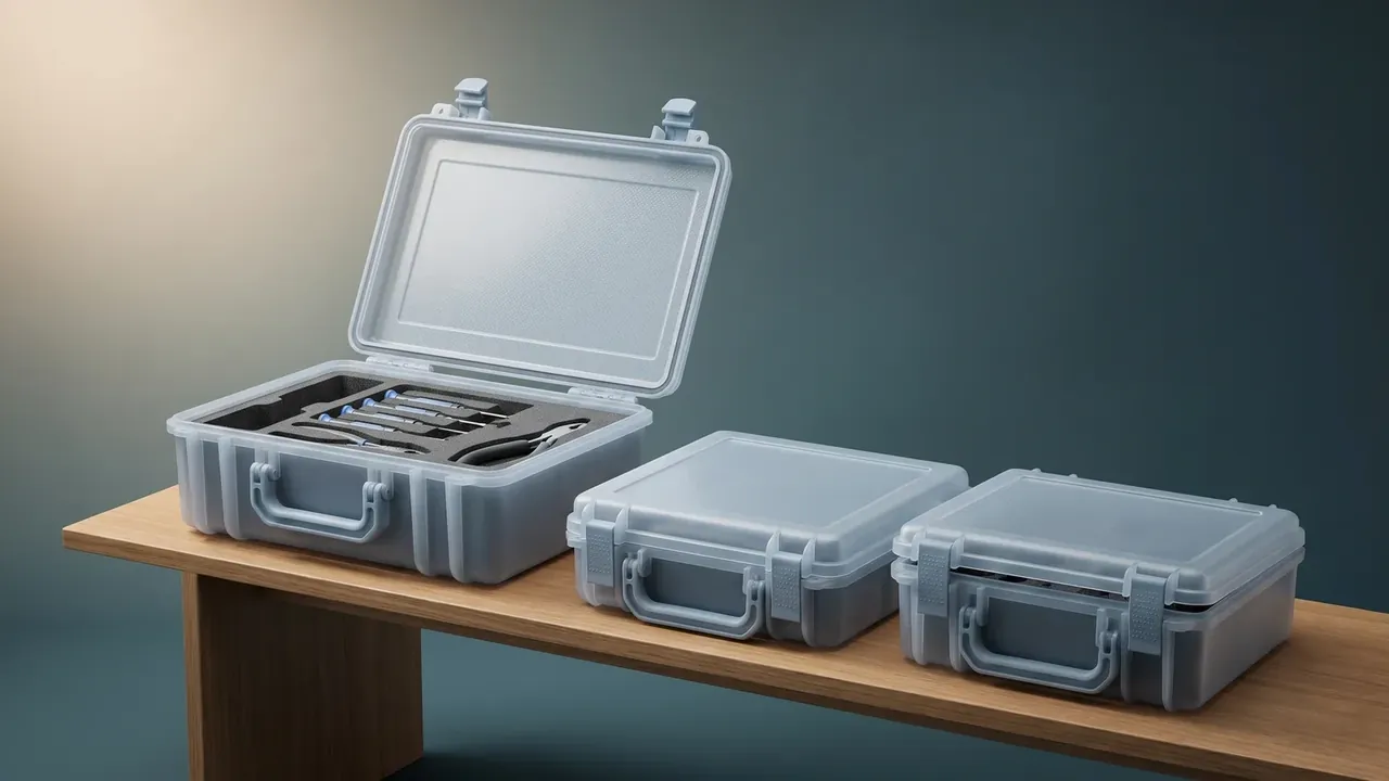 Plastic Tool Box, Portable: three pale grey cases on a timber bench, the left one open with silver tools in a dark insert, two closed