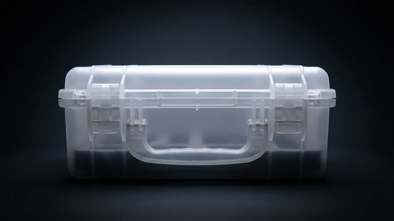 Plastic Tool Box, Portable: a translucent case head on in a dark studio, vertical lid ribs, two white latches gripping a folding handle