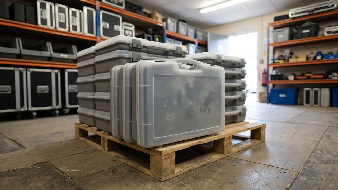 Plastic Tool Box, Portable: six layers of pale grey cases on a timber pallet in a workshop, orange racking and blue bins behind