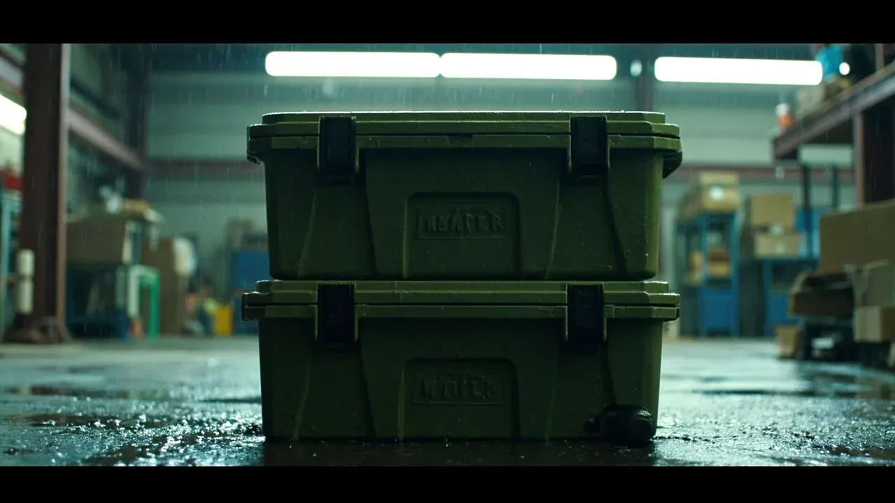Two cases stacked in rain, feet interlocked