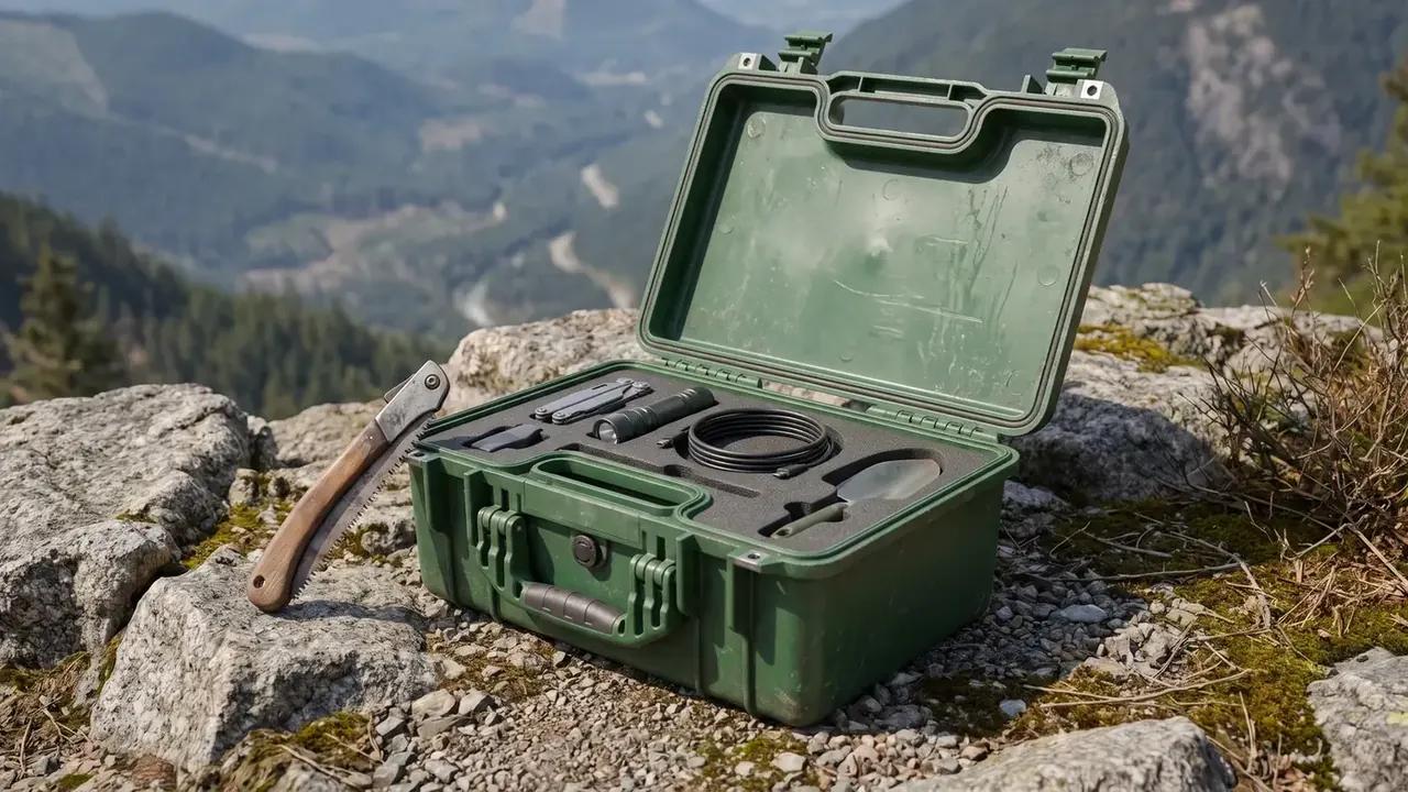 Plastic tool box wholesale: an olive-green case open on a rock ledge, foam cut-outs holding tools, a wooden-handled folding saw beside it, valley behind