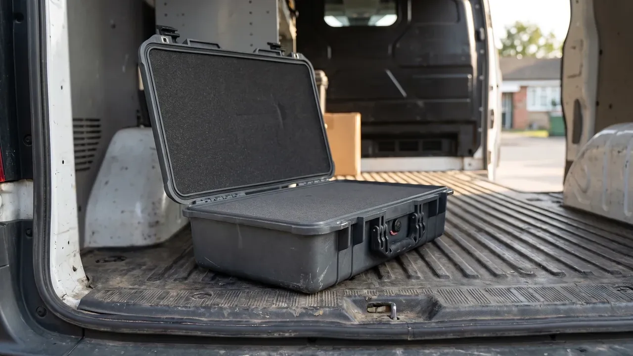 Plastic tool carrying case: open grey case on a ribbed van floor, black foam lining the lid, a carton behind, houses beyond the open door