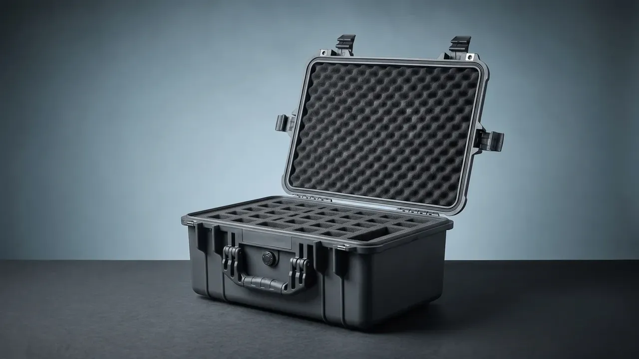 Plastic tool case with foam: open grey case on a dark floor, egg-crate foam inside the lid, square grid foam in the base, two latches