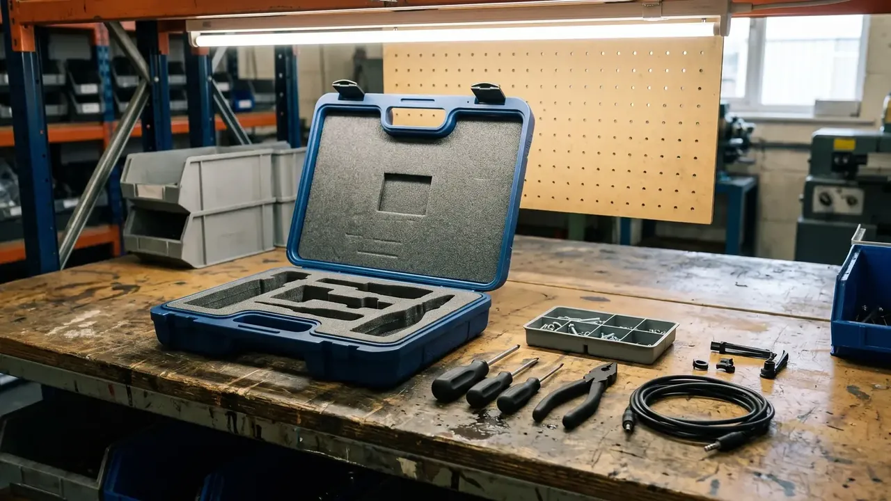 Plastic toolbox for truck: dark blue case open on a worn wooden bench, empty foam pockets facing the camera, screwdrivers, pliers and a coiled cable