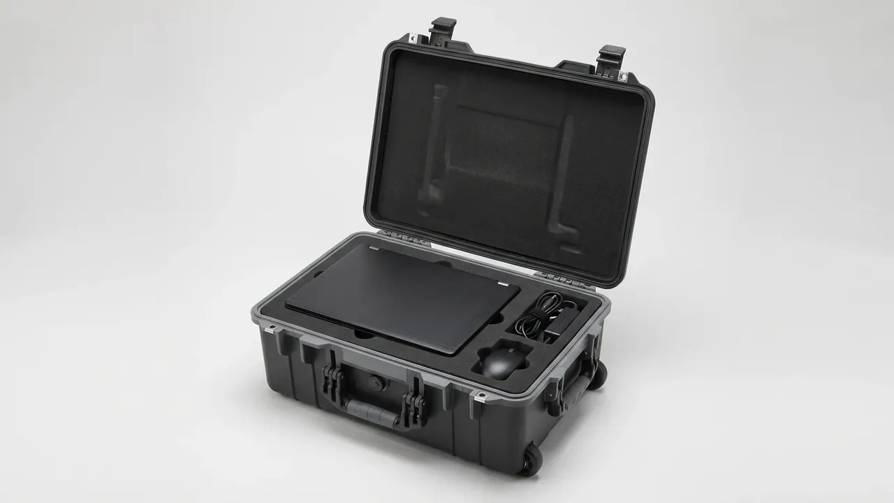 Plastic trolley case manufacturer: black case open, liner cut for a laptop, charger and mouse, egg-crate foam in the lid, two latches, castors below