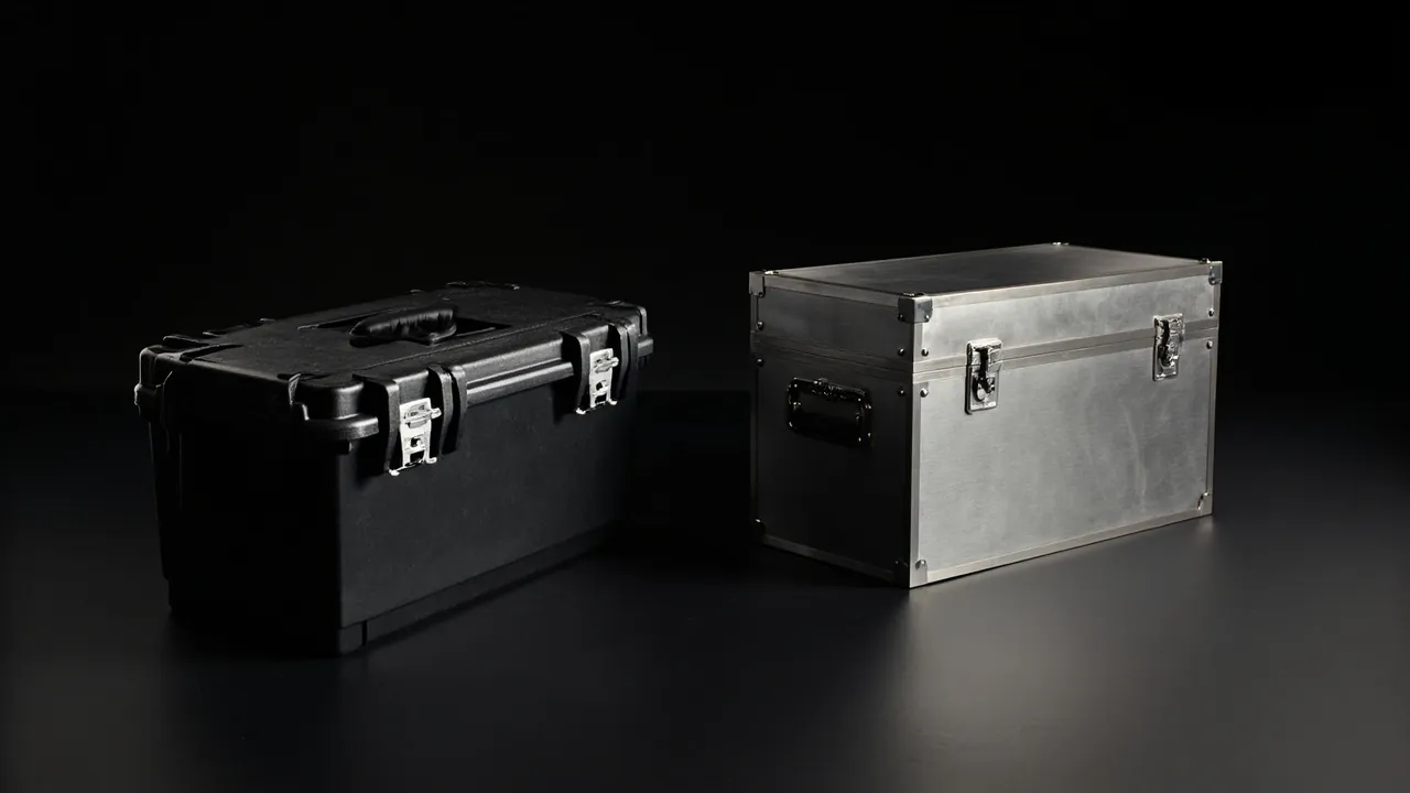 Plastic and metal toolboxes side by side