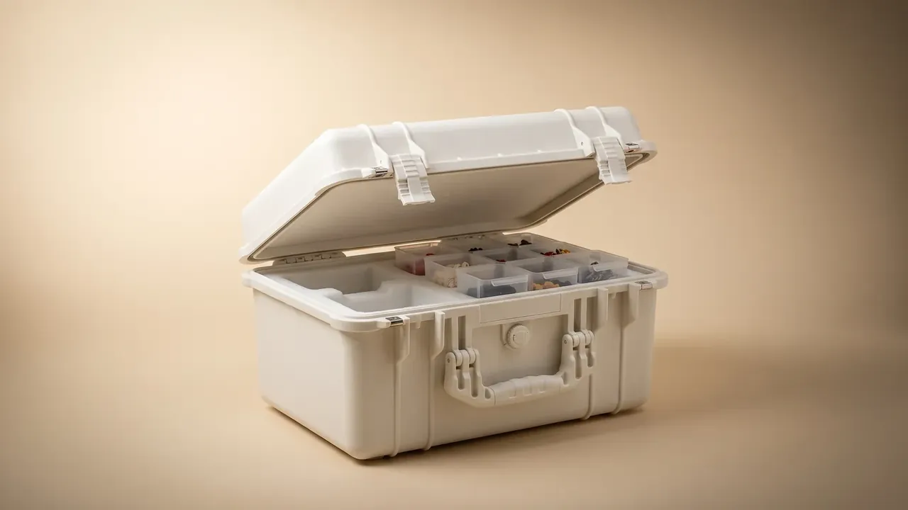 Plastic waterproof box: off-white open case on beige backdrop, lid tilted up, two white latches hanging, divided trays inside, front handle and lock
