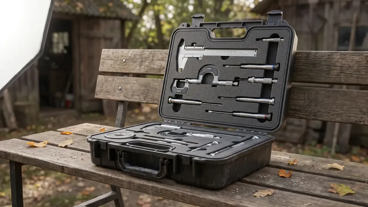 Plastic waterproof boxes for sale: a black hard case open on a wooden bench, lid foam cut for a caliper, micrometers and a depth gauge