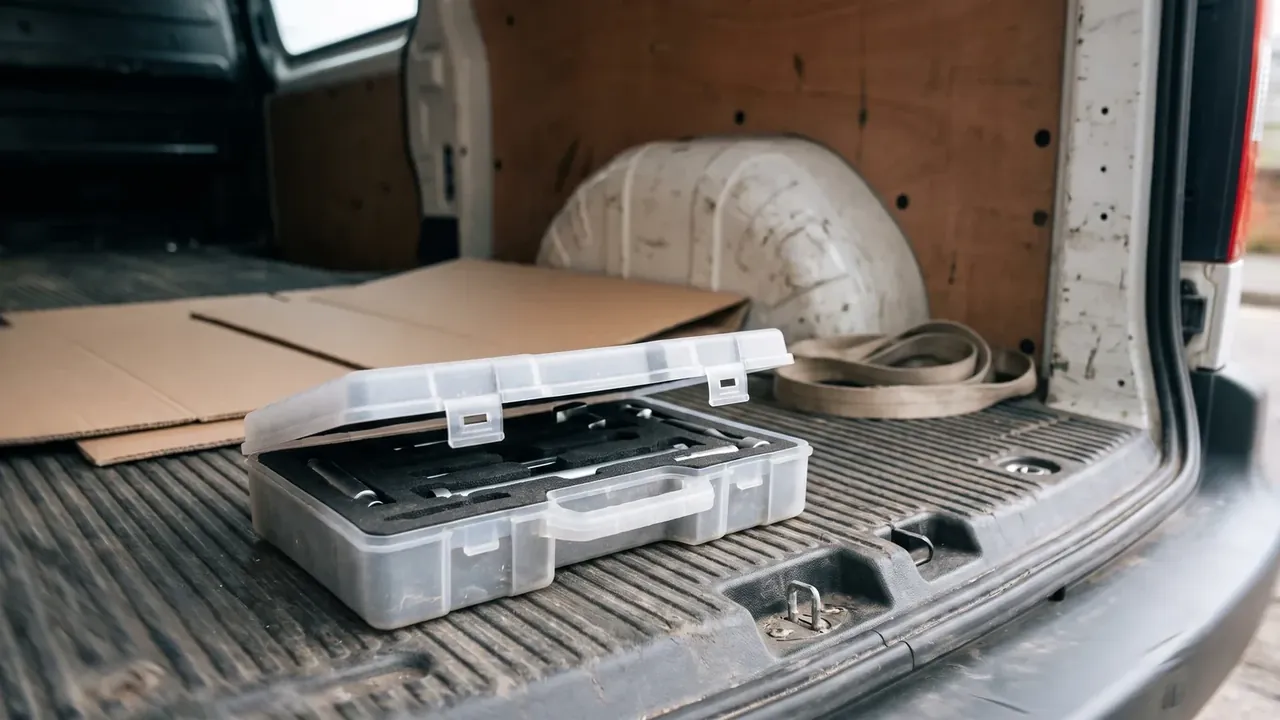 Plastic waterproof boxes for sale: a translucent box open on a van floor, black slotted foam inside, cardboard and a rolled strap beside it