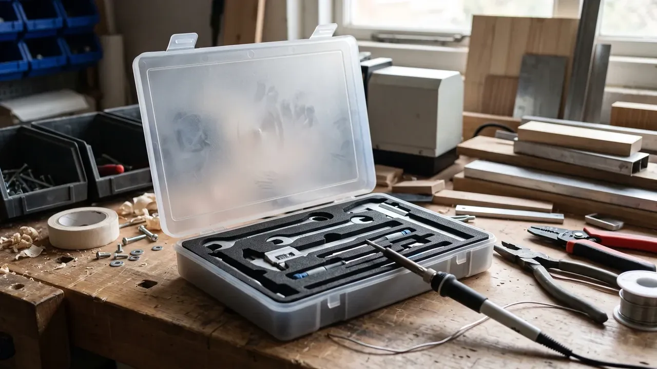 Plastic waterproof pillow cases: a frosted case open on a workbench, moisture marks in the lid, black foam cut-outs, soldering iron and wire strippers beside