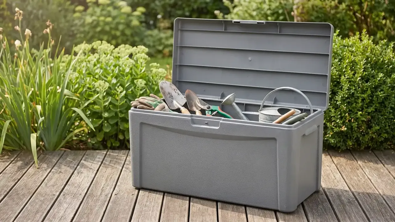 Portable case for HDD: a grey case open on timber decking, ribbed lid interior, hand trowels, a glove and a metal watering can inside