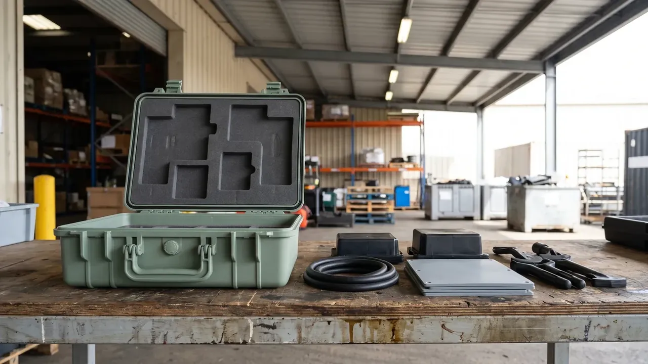 Portable case for ps5: a sage green case open on a workbench, lid foam cut in square cavities, two latches and a pressure valve