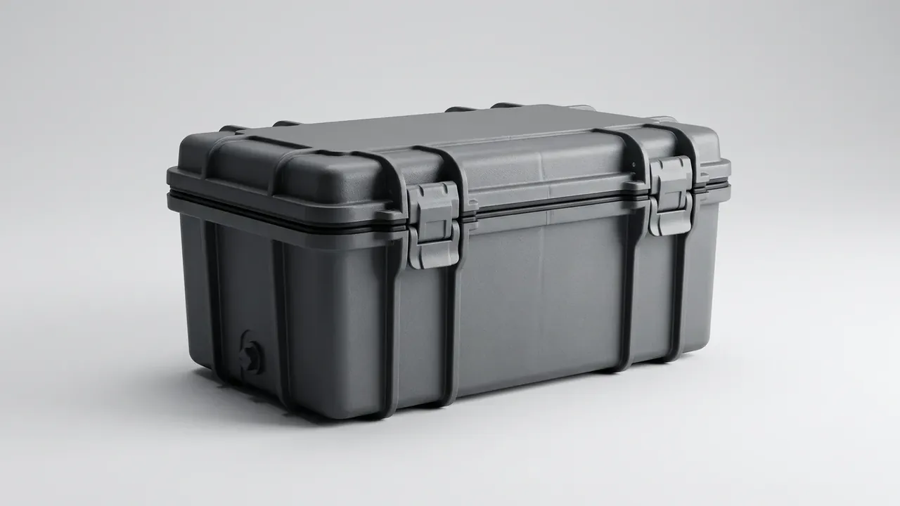 Portable case in dark grey at a three-quarter angle, two wide latches on the front rim, vertical ribs down the wall, drain plug lower left