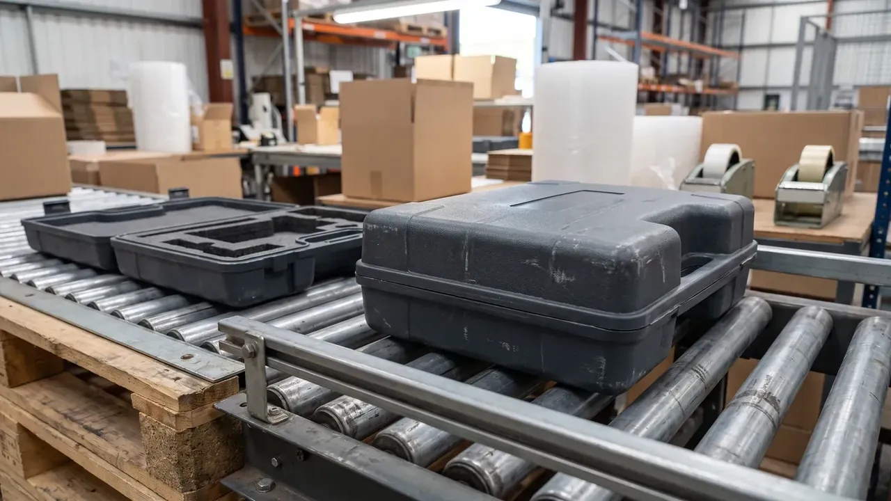 Portable electronic equipment case: two dark gray molded cases on a roller conveyor, the right one closed and the left one open showing molded compartments