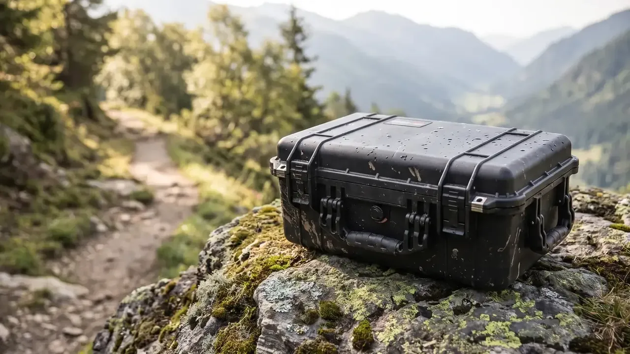 Portable plastic tool storage box: a black hard case on a mossy rock, water beading on the lid, two latches, wet trail behind