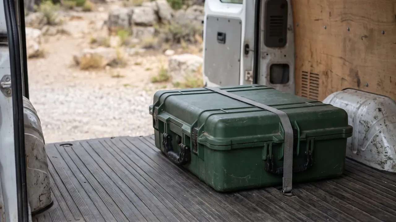 Portable plastic tool storage box: an olive green case on a van's plywood floor, grey strap tensioned across the lid, side door open