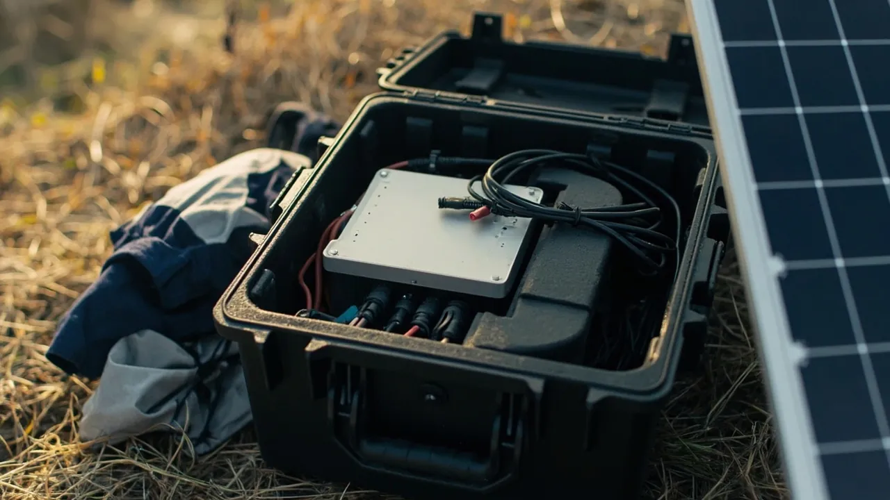 Power case open at off-grid campsite