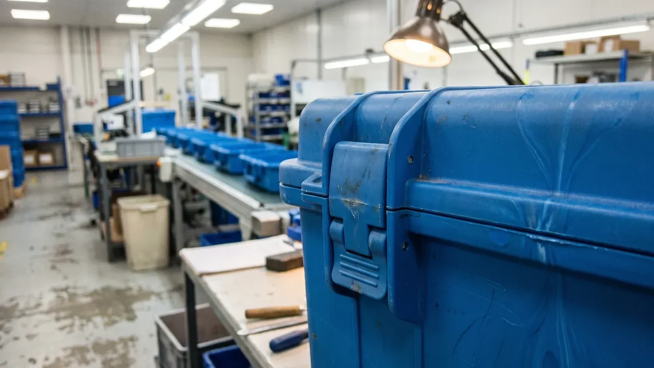 Portable sample case with wheels: blue case close up in a workshop, scuffed surface, two latches and lid seam, blue cases on a conveyor behind