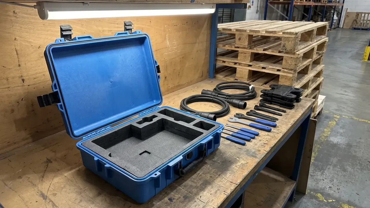 Portable sample case with wheels: blue case open on a wooden bench, grey foam with square cutouts, coiled cables and blue-handled tools beside, pallets behind