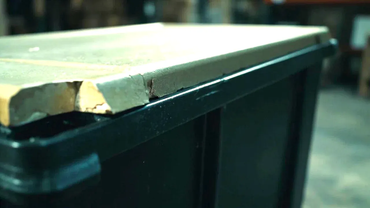 Close-up of a deformed lid edge on a tool box, the parting line no longer meeting