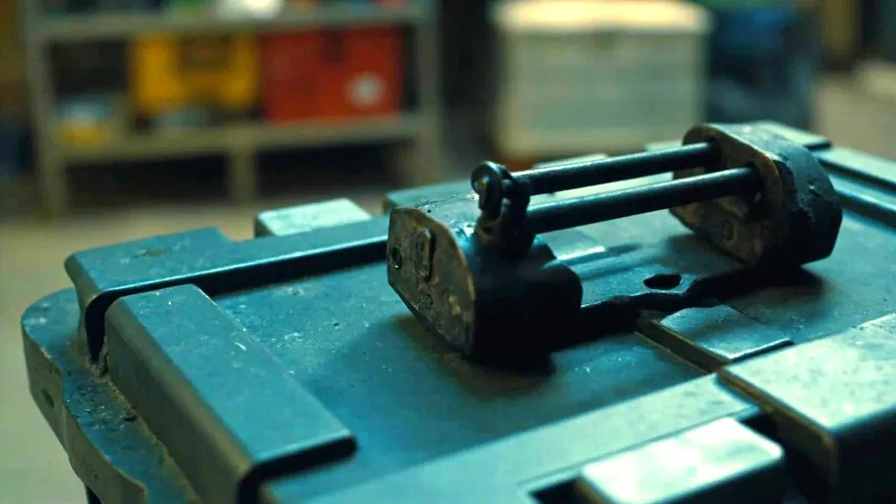 Close-up of two misaligned latches on a tool box, one keeper sitting proud