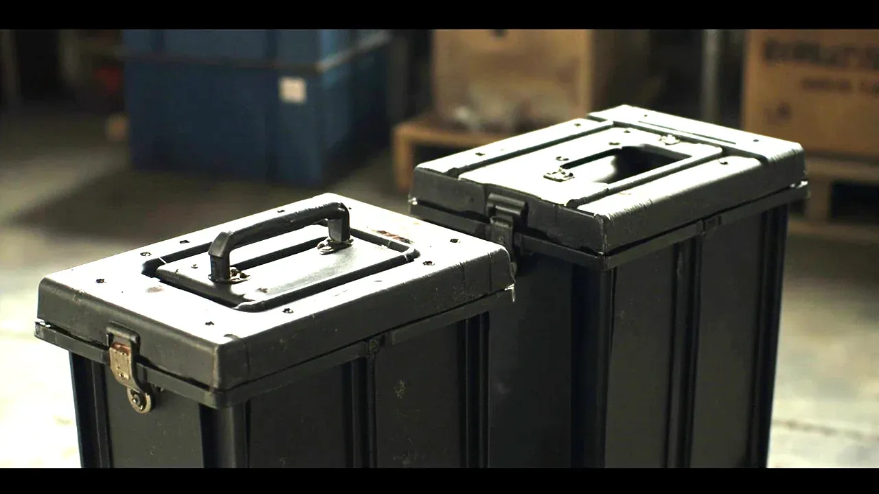 A repaired tool box with a new handle bracket and reinforced lid edge beside an identical new box