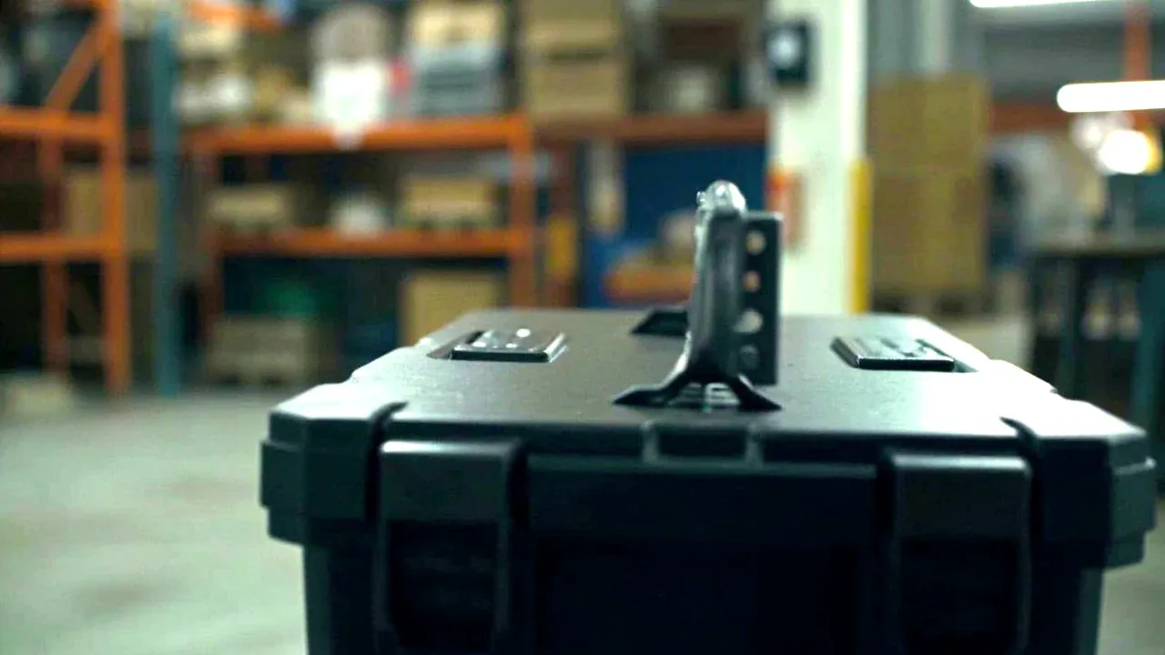 Close-up of the moulded handle seat and two latch bodies on a portable tool box