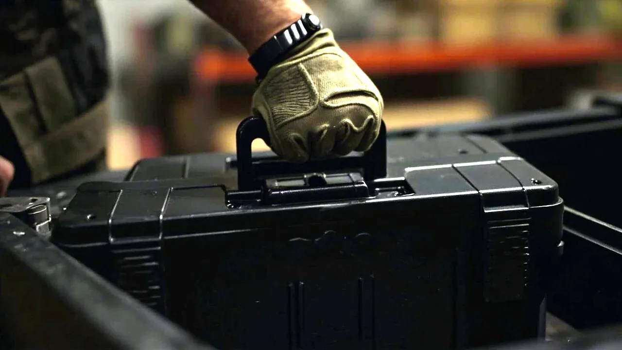 A gloved hand lifting a portable tool box by its handle, wrist angle and lid clearance visible