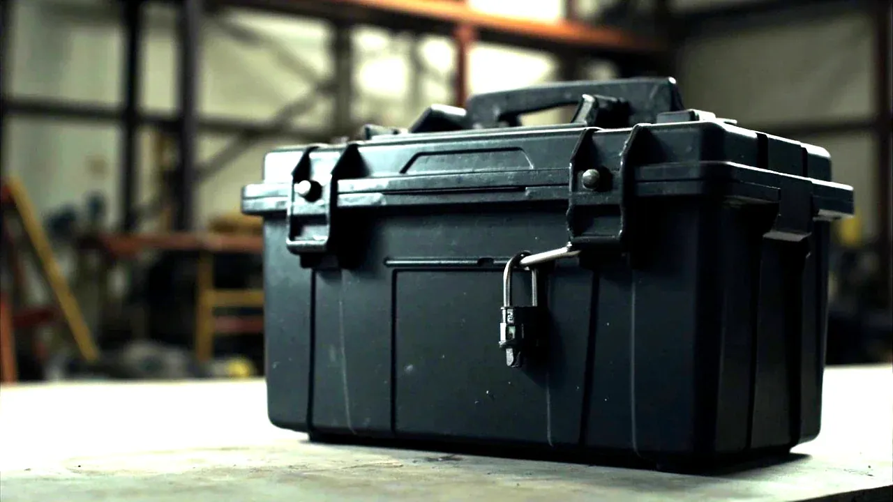 A portable tool box on a workbench with a small padlock through the latch shackle