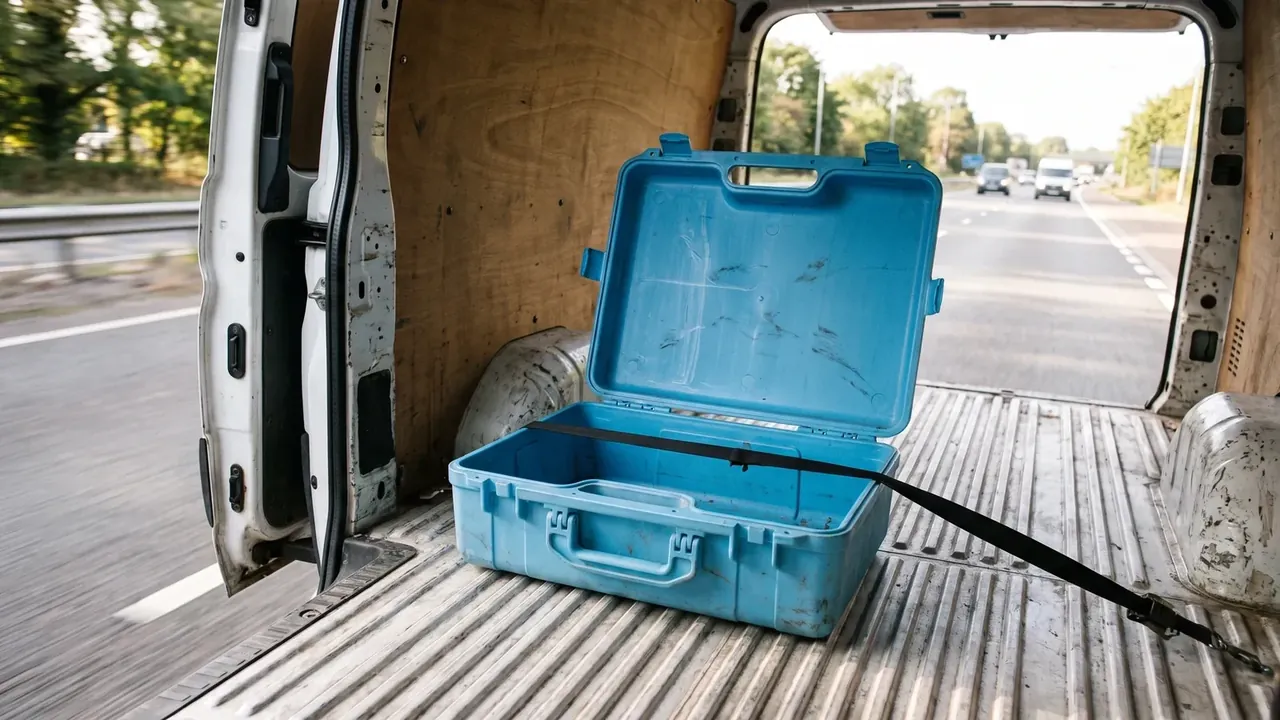 Portable Tool Box: a blue case standing open in a van, lid upright, a black strap crossing above the opening, road and traffic behind