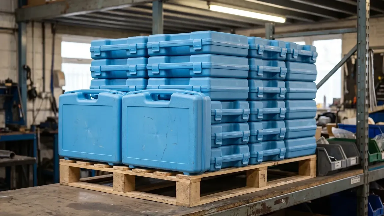 Portable Tool Box: dozens of blue cases stacked in tiers on a timber pallet in a workshop, handles facing out, grey parts bins on shelving