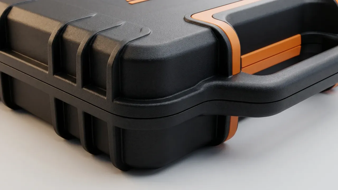 Power tool carrying case: corner close-up showing two orange latches on the lid edge, moulded rubber grip and vertical body ribs