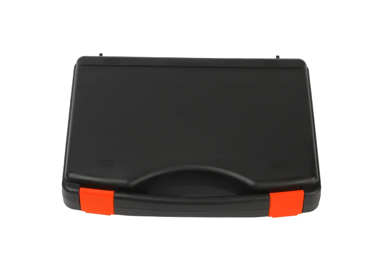 PP Plastic Case closed and standing upright, flat lid, two orange latches fastened along the lower edge, recessed handle centred, plain white background